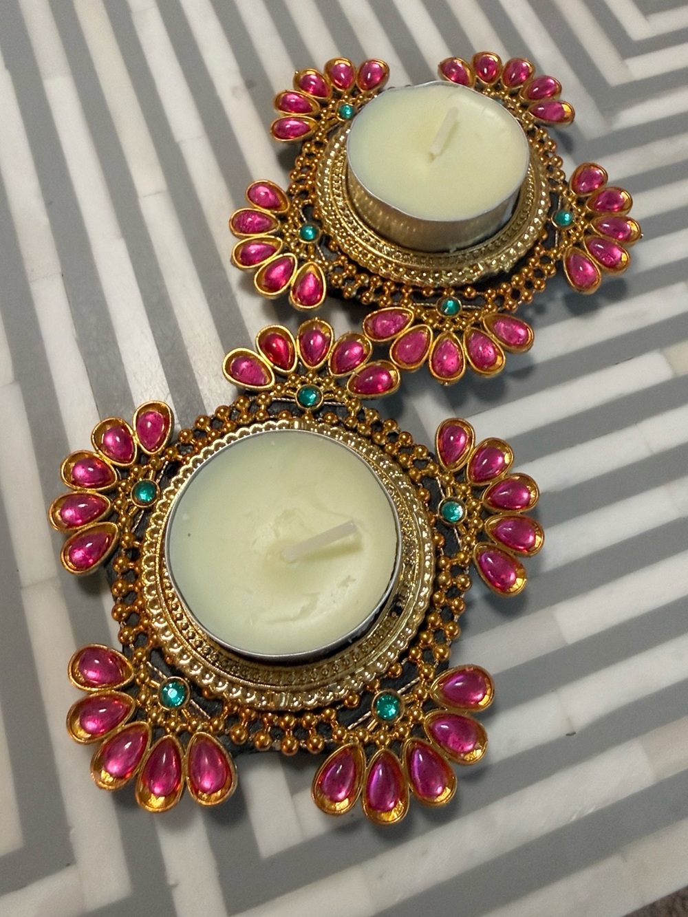 Gold-Tone Pink and Teal Decorative Tealight Holders